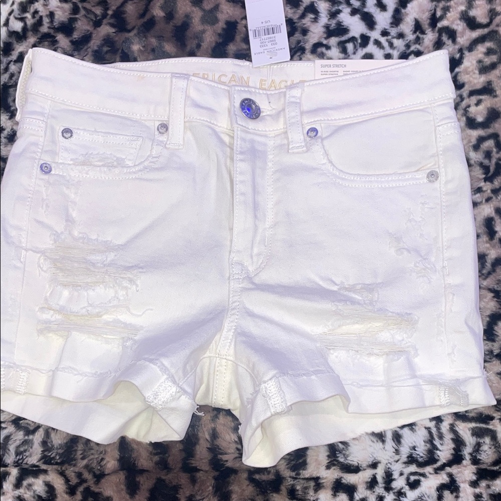 American Eagle Outfitters Women's Cream Distressed Jean Shorts